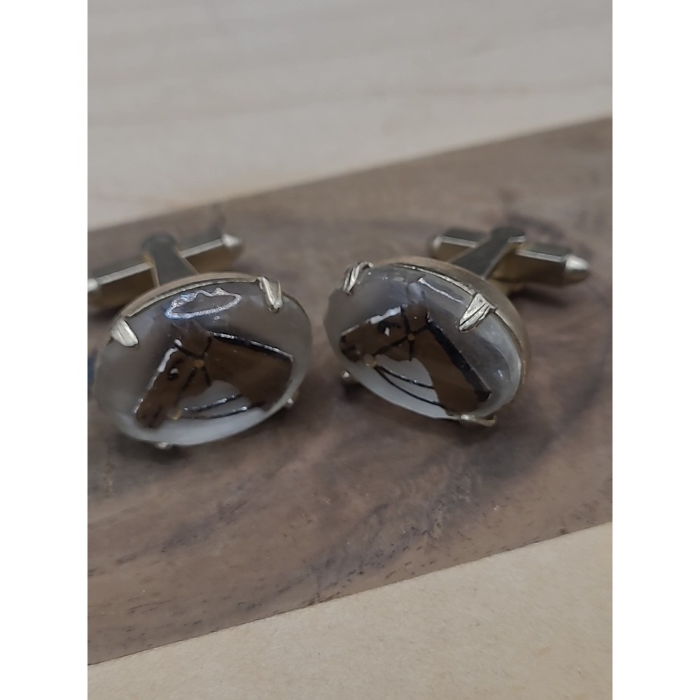 Vintage Intaglio Cabochon‎ Glass Horse Head Cufflinks Silver Tone